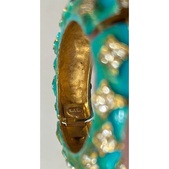 Rare ViTG 1960's Era Kenneth Jay Lane Turquoise Crystals Gold Tone Hinged Bangle - Picture 5 of 11